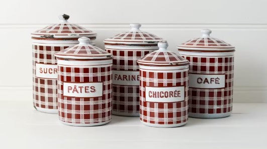 Canisters: Enamel. French. Plaid. Checked. BB Freres. Vintage.