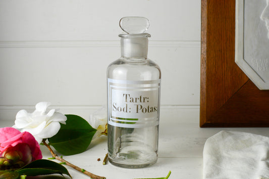 French Antique Glass Pharmacy Jar, Bottle, ‘Tartr Sod:Postas’, Vase
