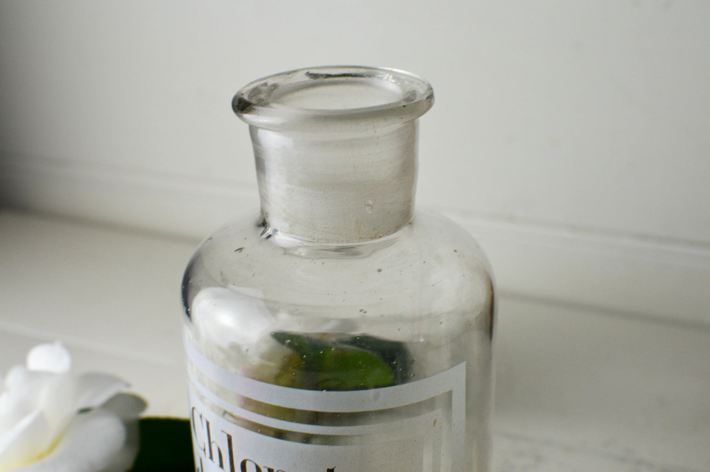 French Antique Glass Pharmacy Jar, Bottle, ‘Chlorate de Potass’, Vase