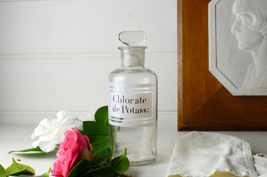 French Antique Glass Pharmacy Jar, Bottle, ‘Chlorate de Potass’, Vase
