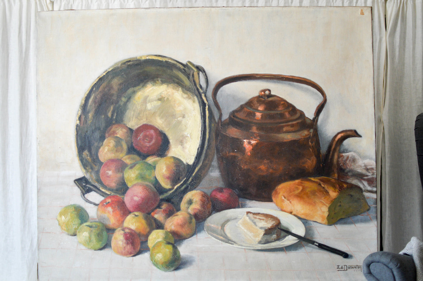 Large Still Life Painting 'Fromage et Pommes'. Signed Edouard Duranton 1935.
