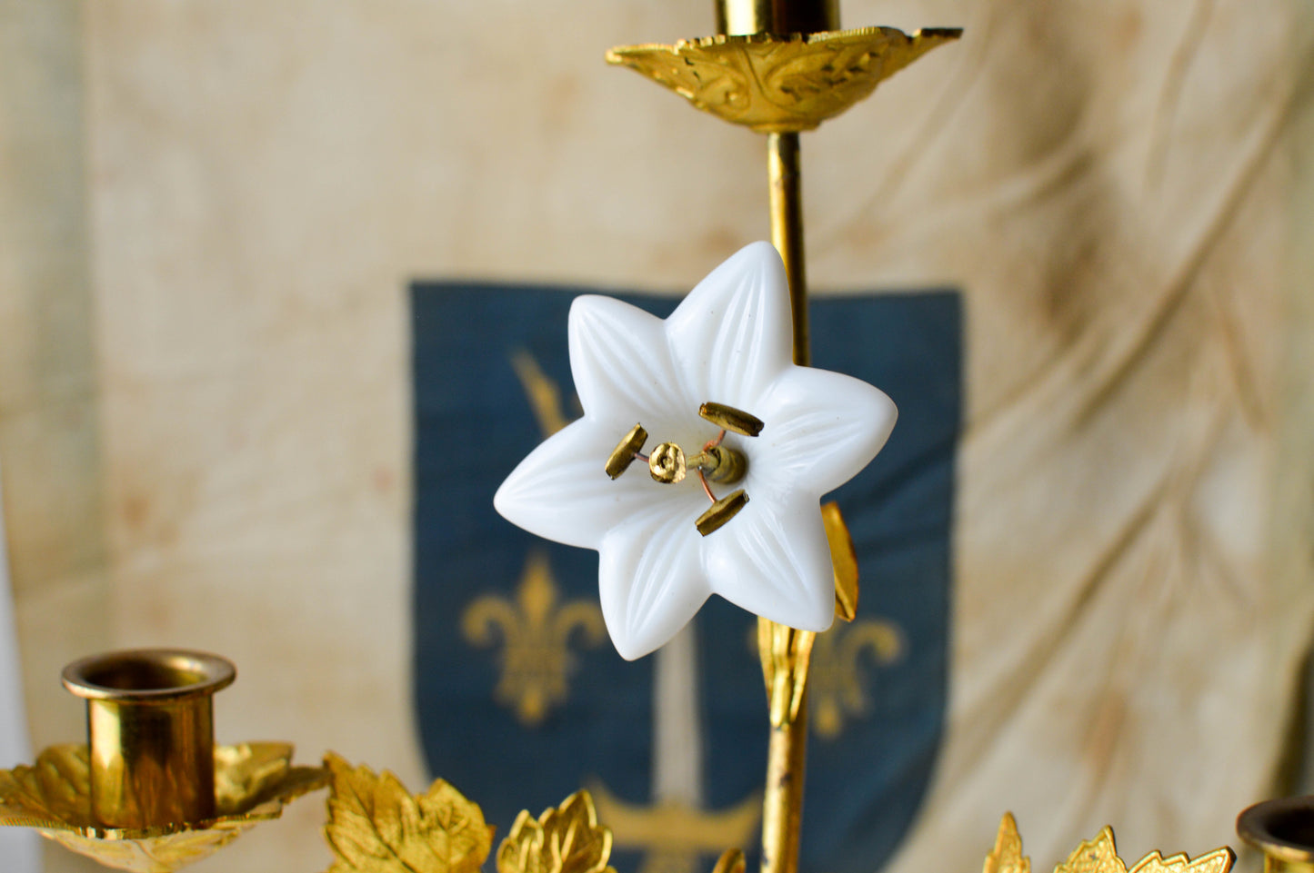 Pair of French Antique Gilded Candelabras with opaline flowers