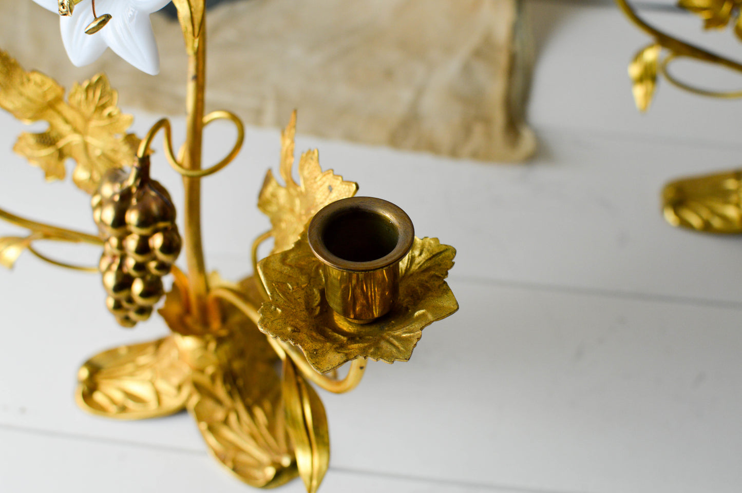 Pair of French Antique Gilded Candelabras with opaline flowers