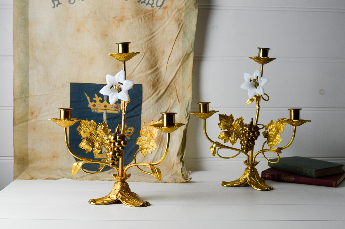 Pair of French Antique Gilded Candelabras with opaline flowers