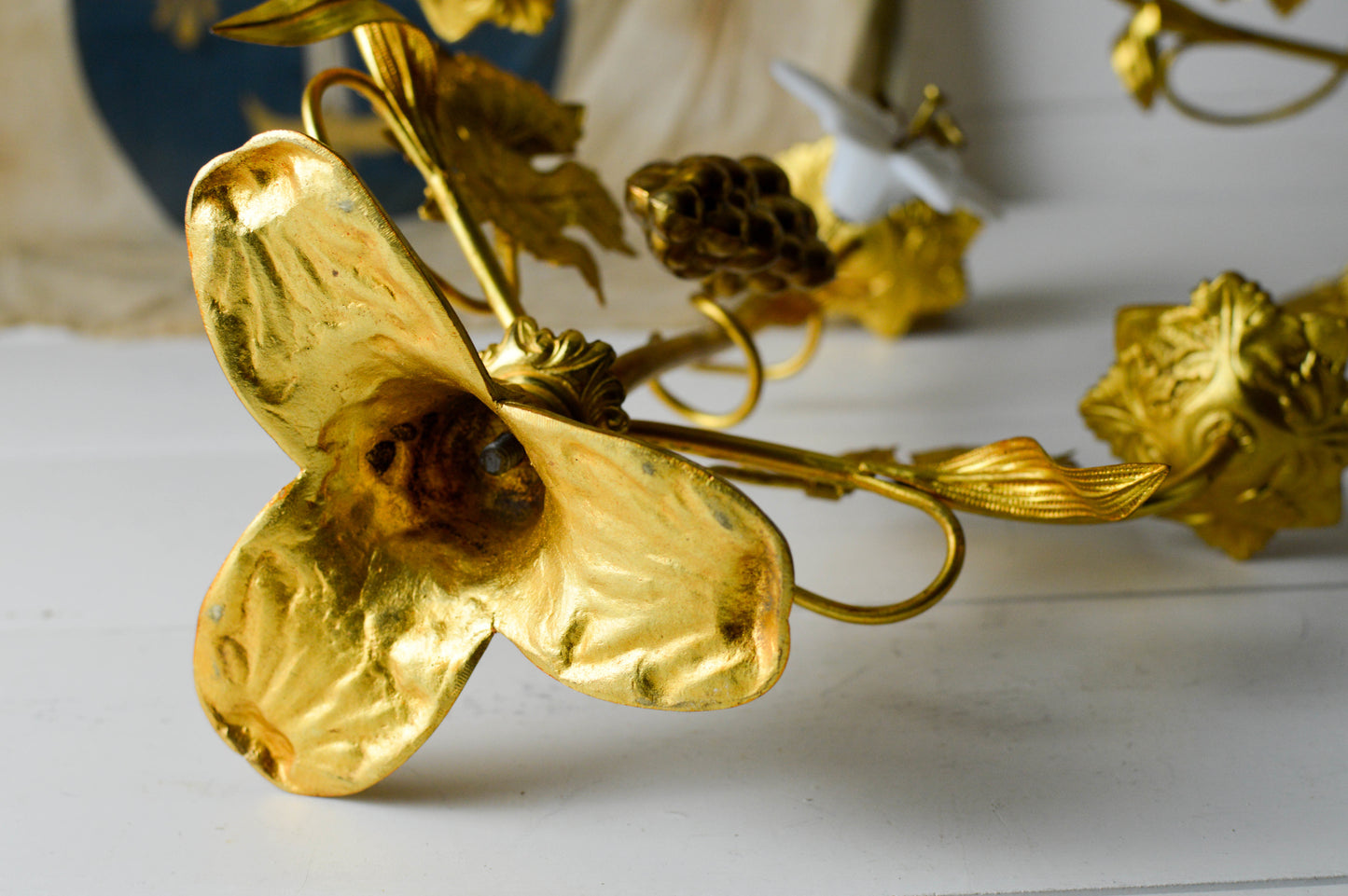 Pair of French Antique Gilded Candelabras with opaline flowers