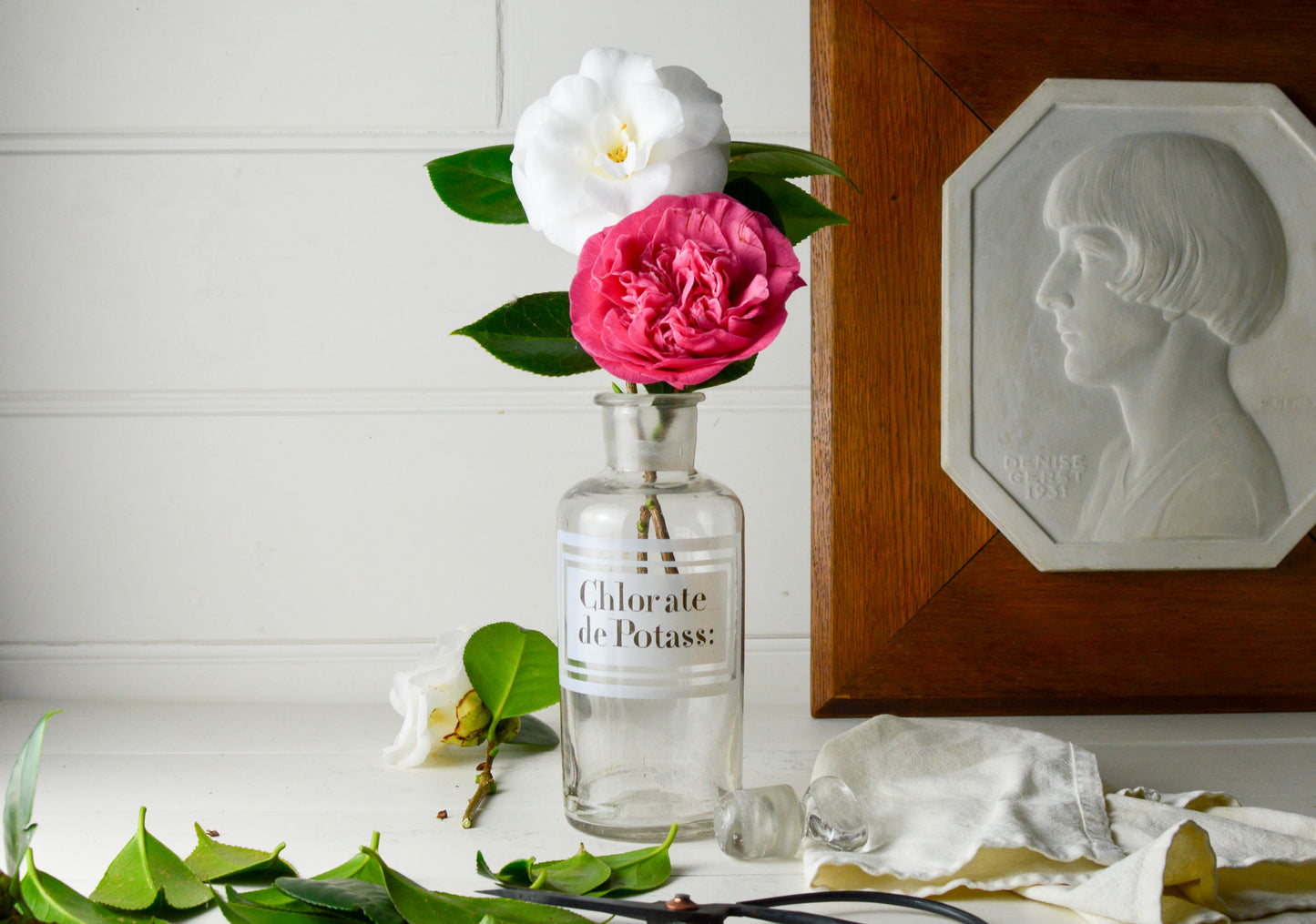 French Antique Glass Pharmacy Jar, Bottle, ‘Chlorate de Potass’, Vase