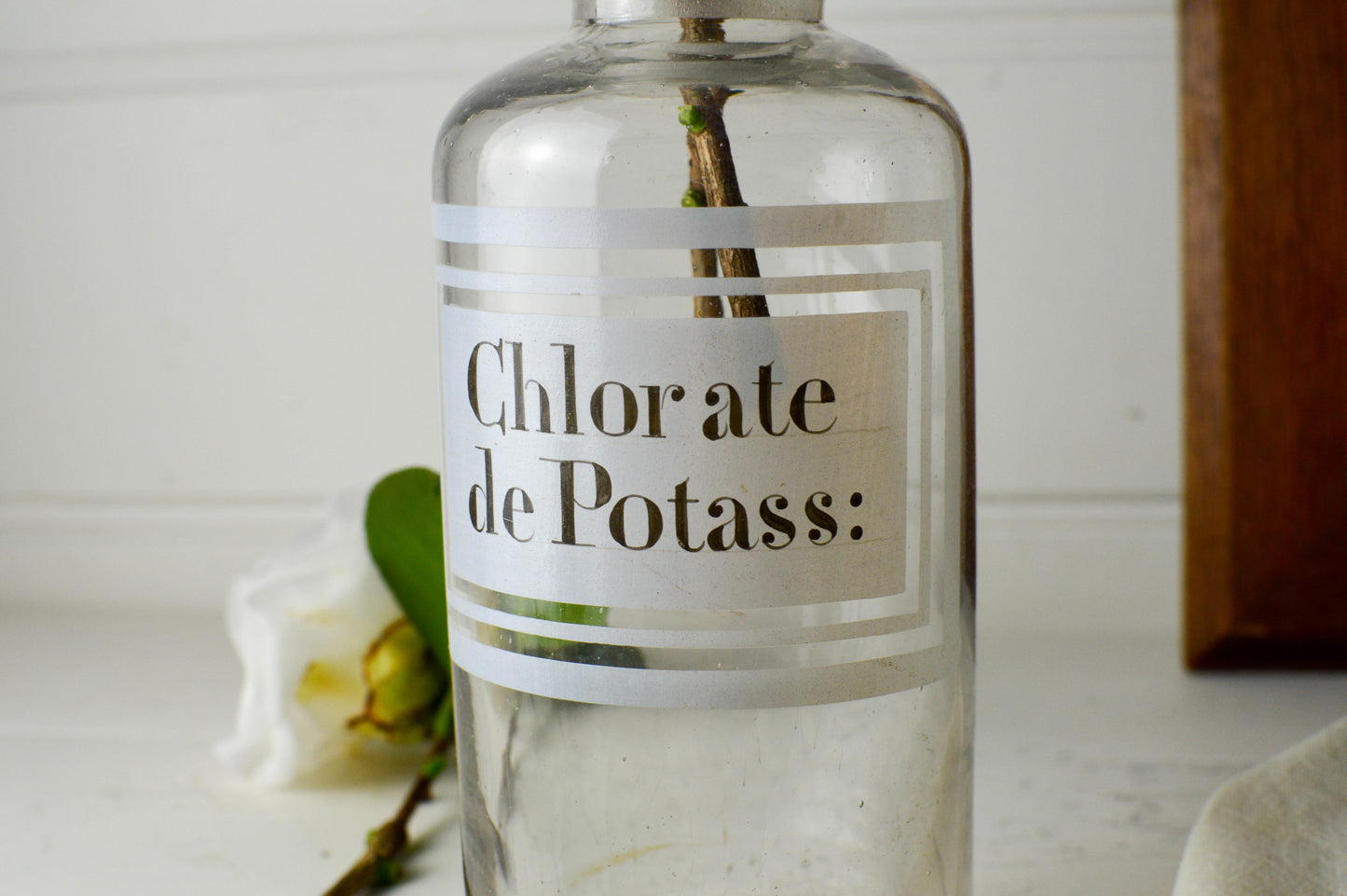 French Antique Glass Pharmacy Jar, Bottle, ‘Chlorate de Potass’, Vase