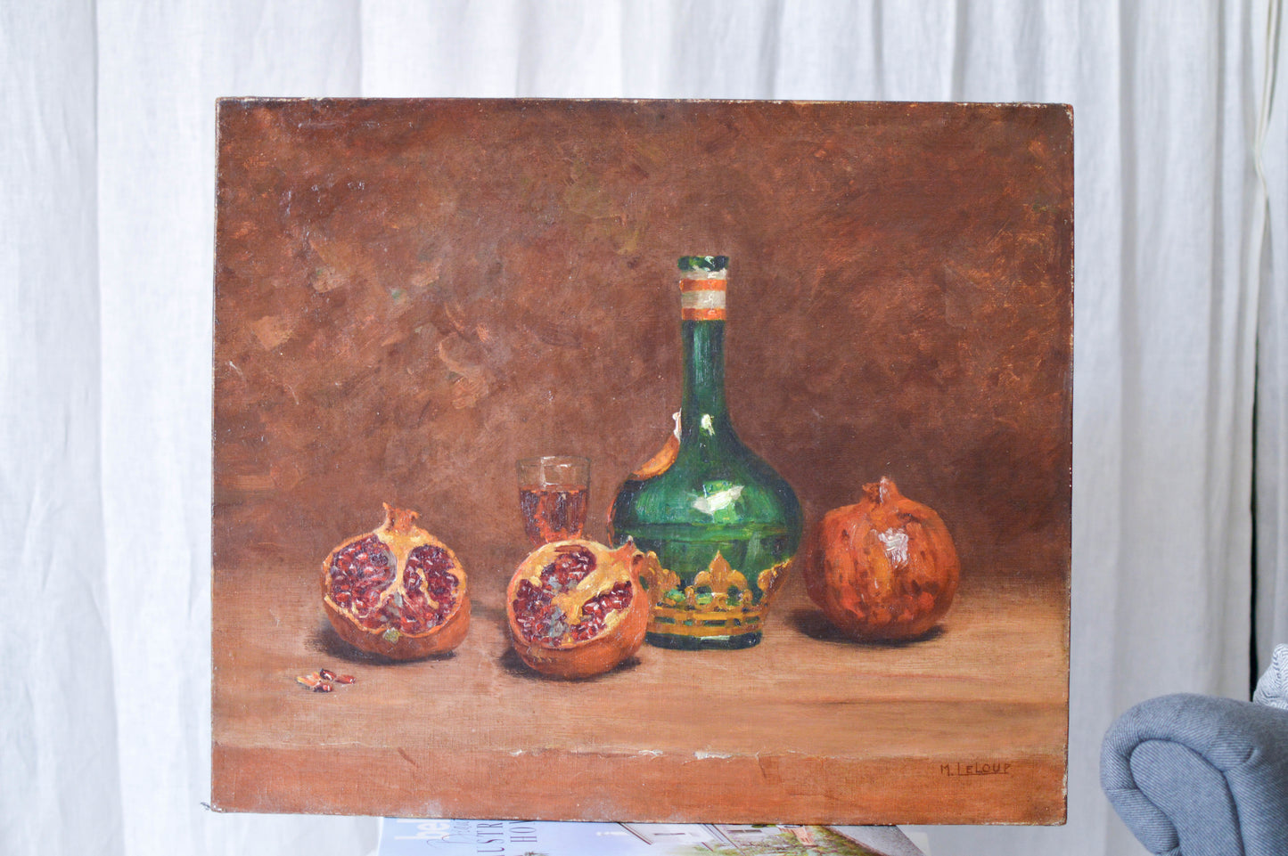 French Still Life of a kitchen scene pomegranates. Signed. Undated.