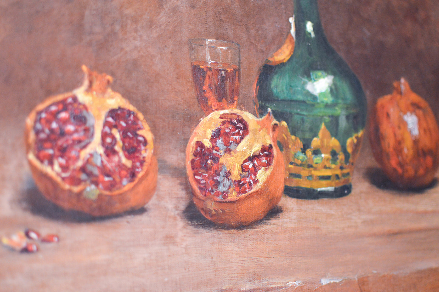 French Still Life of a kitchen scene pomegranates. Signed. Undated.