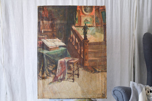 Painting Interior scene. Signed by Belgian artist J. Rullens. Dated 1921.